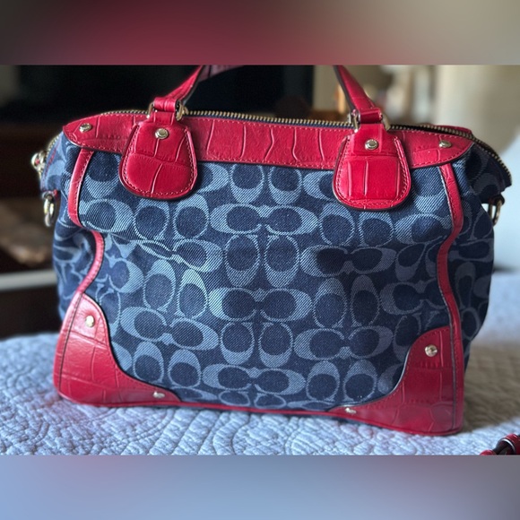 COACH Mickie Satchel in blue denim jacquard with red trim. - Picture 4 of 12